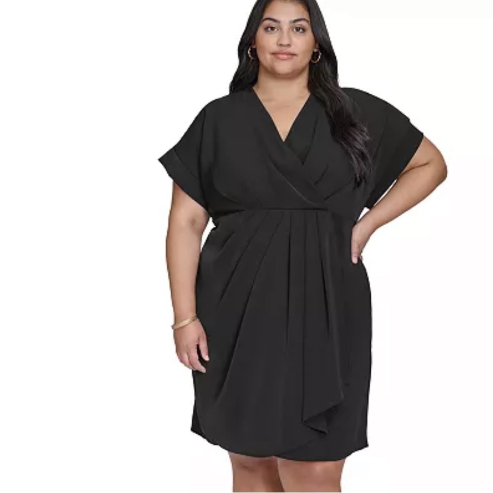 NWT DKNY sz16W Dolman Sleeve black faux wrap dress…